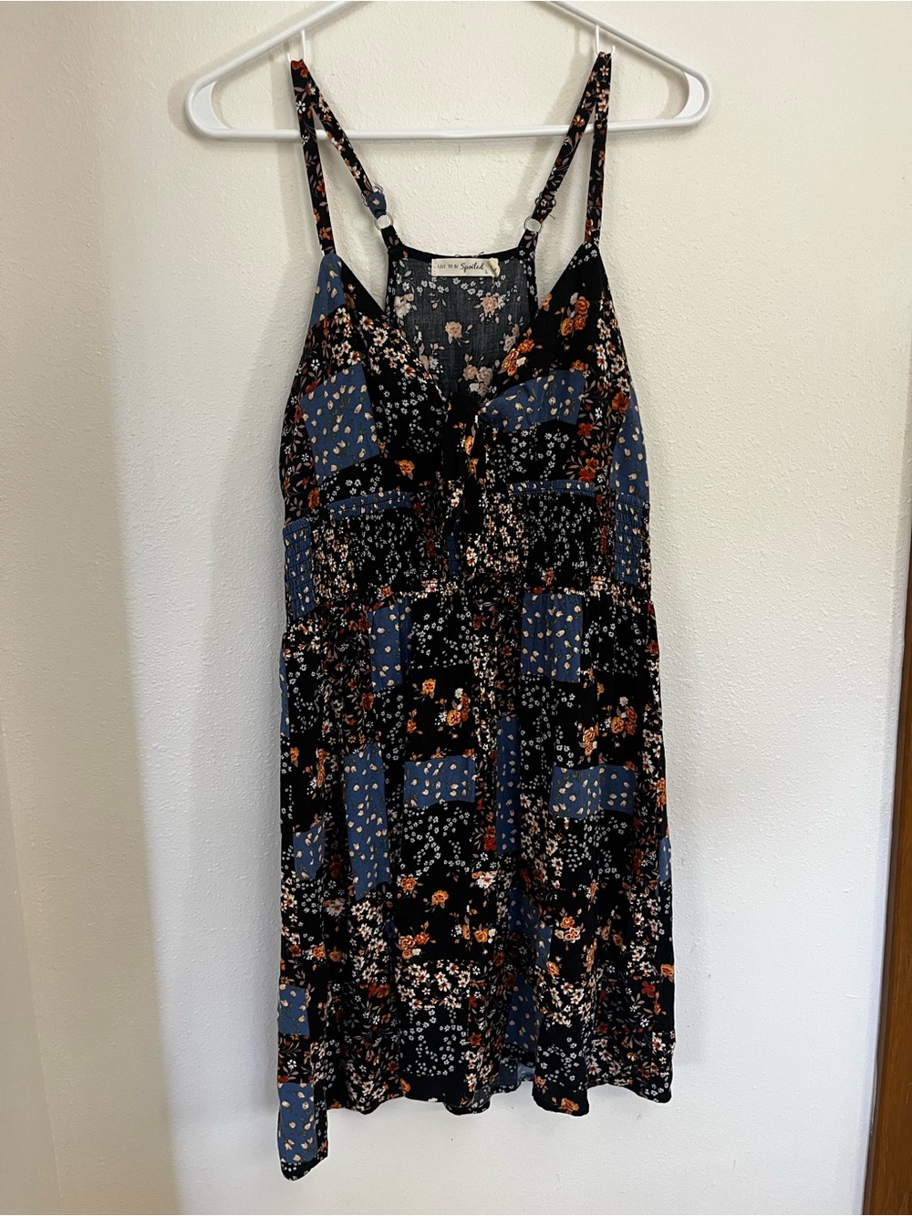 Live to be Spoiled Black & Blue Flora Patchwork Mini Dress with Tie Front (L)